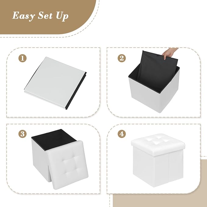 Athena Collection Leather Square Ottoman with Storage, 15 Inch Small Storage Ottoman, Multipurpose Footstool Foot Rest for Living Room, Bedroom, Dorm, White