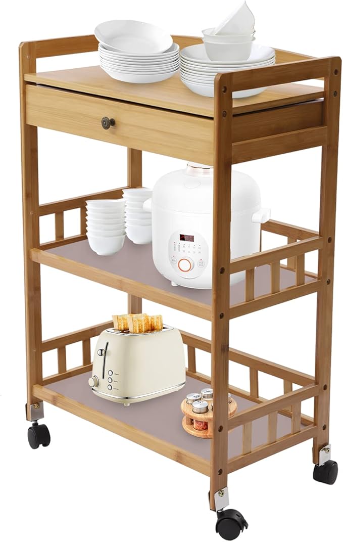 Bamboo Home Kitchen Island Trolley with Storage Drawer Stand 3 Tiers Shelves Cart Mobile Kitchen Utility Cart Storage Shelf Rack for Dining Room