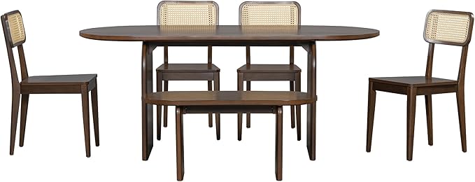 Merax 6 Pieces Modern Dining Set for 6, 71" Oval Rubberwood Dining Table with Bench and 4 Rattan Backrest Chairs for Dining Room, Living Room, Kitchen, Brown