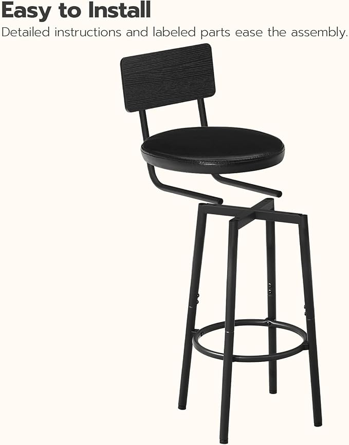HOOBRO Bar Stools, Set of 2 Bar Stools with PU Upholstered, Bar Chairs with Footrest and Back, 26" Bar Stools for Kitchen Island, Dining Room, Easy to Assemble, Black BK31BY01G2
