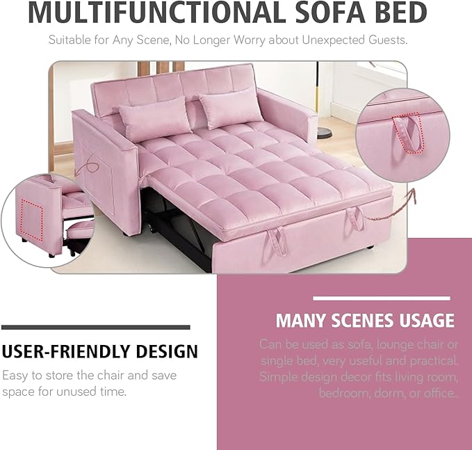 3 in 1 Convertible Sleeper Sofa Bed, 54'' Full Size Velvet Pull Out Futon Couch Recliner with Reclining Backrest & 2 Pillows, Small Loveseat Lounge Couches for Small Spaces (Pink)