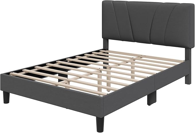 Novilla Full Size Bed Frame with Adjustable Headboard Platform Full Bed Frame with Linen Upholstered Headboard, No Box Spring Needed, Noise-Free, Easy Assembly, Dark Grey