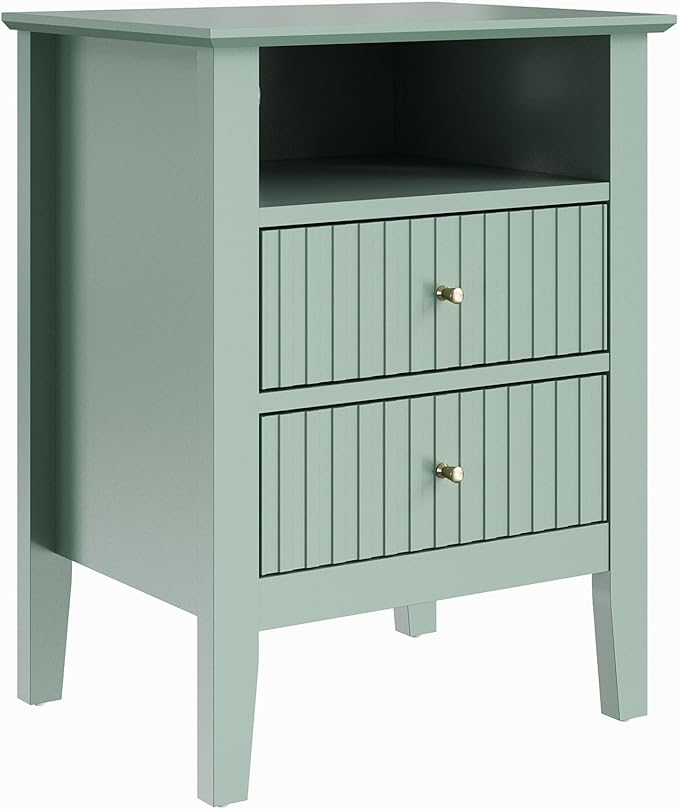 RoyalCraft Fluted Nightstand with 2 Drawers, Colorful Nightstand for Bedroom, Modern Wooden End Table with Storage for Small Spaces, Tall Side Sofa Table for Couch, Home Office, Milky Green