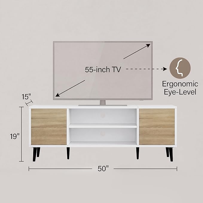 JUMMICO Mid-Century Modern TV Stand for 43-55 Inch TVs, 50 Inch Media Console with Storage, Entertainment Center with Push-Open Cabinets and Cable Management for Living Room (Oak, 50 Inches)