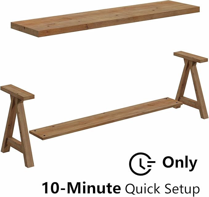 RowyPoey 54" Solid Wood Bench, Long Farmhouse Entryway Bench with Storage Shelf, Triangular Leg Design, Narrow Rustic Benches for Hallway, Bedroom, Dining, Kitchen, Easy Assembly
