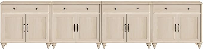 WAMPAT Buffet Cabinet with 8 Doors and 4 Drawers, Large Coffee Bar Table Wood Kitchen Storage Cabinets with Storage, Modern Farmhouse Sideboard Credenza for Dining Room, Beige, 136 inch