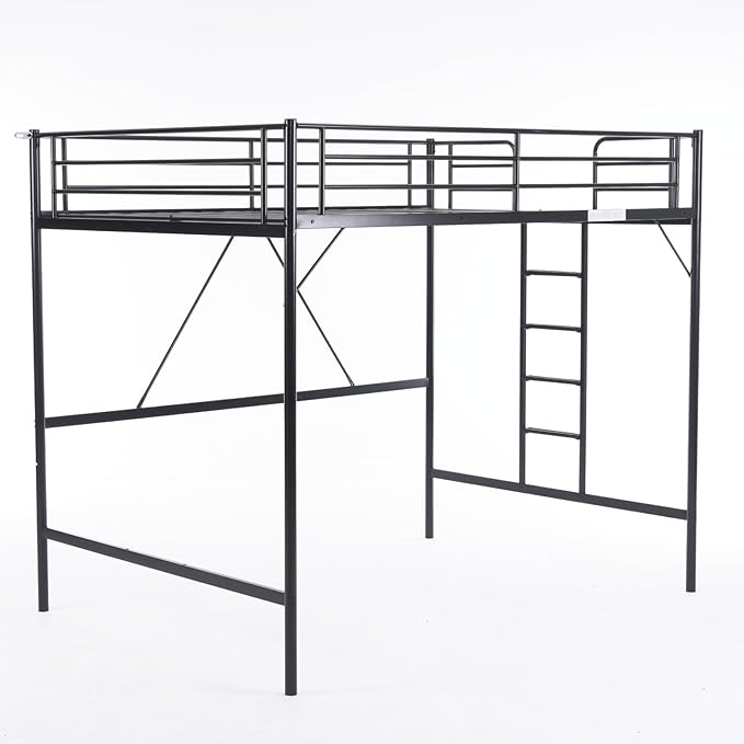 VINGLI Loft Bed Full Size with Flat Rungs for Adults, Kids and Young Teens, No Box Spring Required,Heavy Duty Metal Slat Support,Black