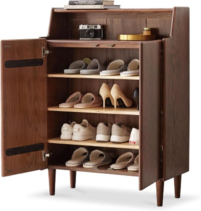 Solid Wood Shoe Cabinet with Doors, Shoe Storage Cabinet with 4-Tier Adjustable Shelves, Mid Century Modern Shoe Rack Cabinet for Entryway, Hallway, Oak Wood, 13.8" x 31.5" x 43.3", Walnut