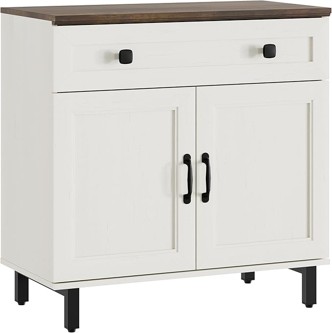 FENSULN Buffet Sideboard Cabinet Farmhouse Modern 2 in 1 Storage Cabinet with Drawer and Adjustable Shelves for Kitchen, Coffee Bar, Living Room, White