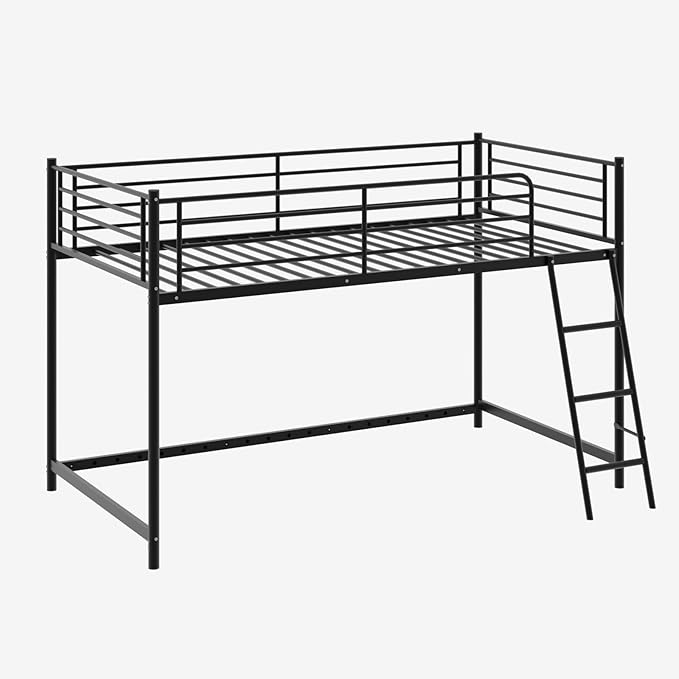 JOYMOR Low Loft Bed with Inclined Ladder, Metal Twin Size Bed Frame with 15” High Guardrail for Boys Girls, Junior, Space Saving, Mattress Not Included (Black)