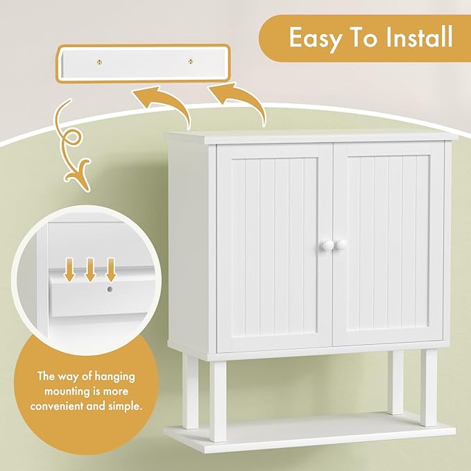 AmazerBath Bathroom Wall Cabinets, Bamboo Over The Toilet Storage Cabinet with Adjustable Shelves, Large Wall Mounted Medicine Cabinets with 2 Doors for Small Spaces, White, 9" D x 21.3" W x 23.8" H