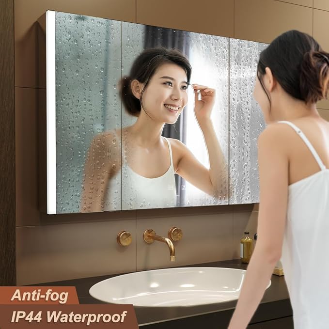 KWW LED Lighted Bathroom Medicine Cabinet with Sockets & USBs, Defogger, Dimmable, 3 Color Light Makeup Mirror, Easy to Install, Wall Mounted Cabinet (3 door-41 * 28)