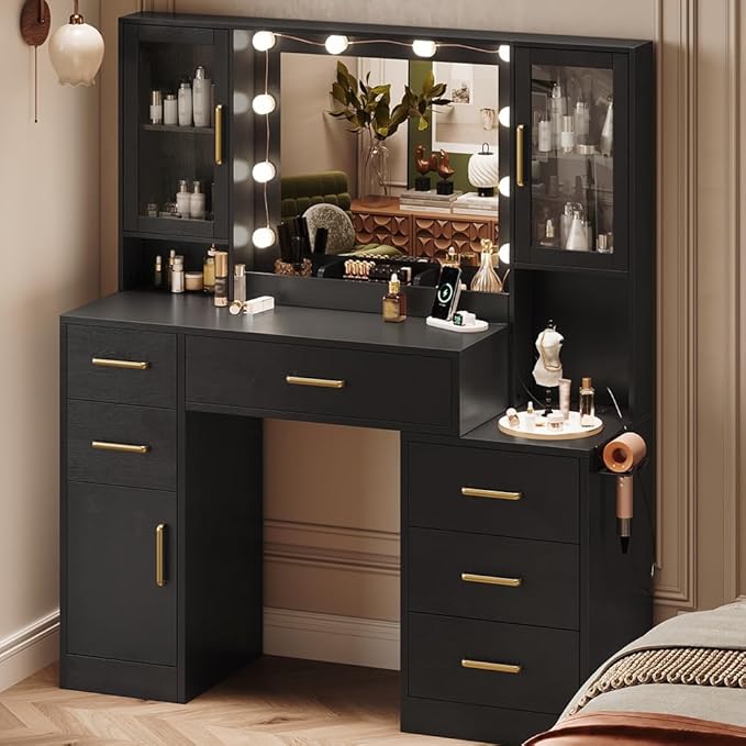 TOKSOM Makeup Vanity Desk with Mirror and Lights, 51" Makeup Vanity with Lights & Charging Station, Dressing Table Vanity Set for Bedroom, Vanity Table with 6 Drawers and 3 Cabinet Black