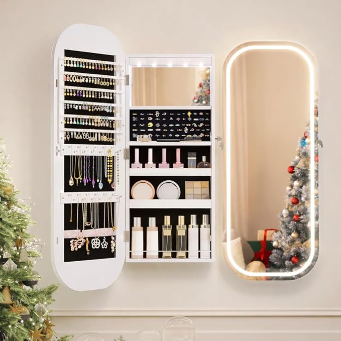 LVSOMT LED Lights Mirror Jewelry Cabinet, Wall Mount/Over the Door Jewelry Armoire Organizer, 42" Full Length Mirror with Storage, Built-in Makeup Mirror, Lockable Mirror Cabinet for Jewelry, White