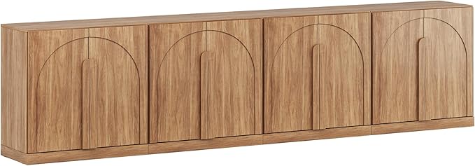 BELLEZE Bijou Set of 4 Wall-to-Wall Storage Cabinets (126" Wide) - Grand Sideboard Buffet System w/8 Arched Doors - Massive Entertainment Center & Display Console for Living Room, Office, Camel