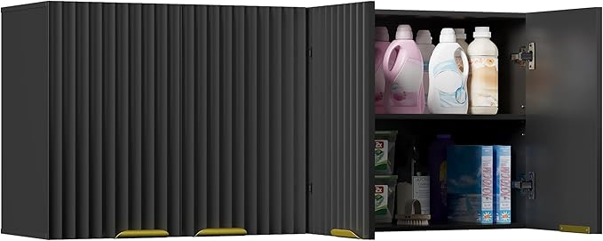 ChooChoo 4 Doors Wall Cabinet Laundry Room, Bathroom Wall Cabinet with Adjustable Shelf, Fluted Wall-Mounted Medicine Cabinet, Storage Cabinet for Kitchen, Garage, Black