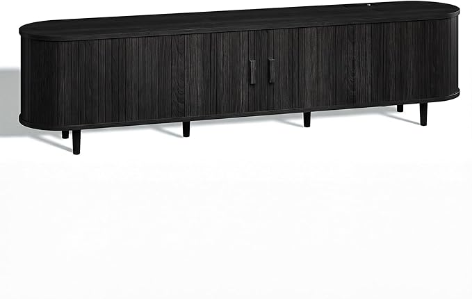 70" Mid Century Modern TV Stand, Wood TV Consoles with Sliding Doors and Power Outlet, Fluted Entertainment Center with Adjustable Shelves, Media Console for Living Room, Black