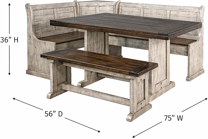 Pemberly Row 3-Piece Traditional Solid Wood Breakfast Nook Set with Table, Storage Space, Foldable Corner Shelf, Fit Any Space Blending Style and Function, in Gray & Brown Finish