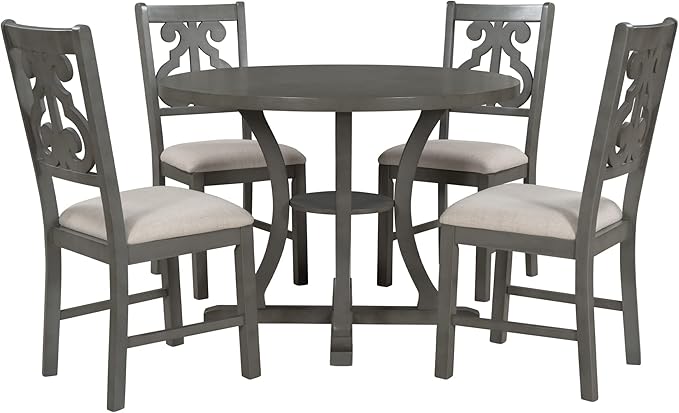 Harper & Bright Designs 5-Piece Round Dining Table and Chair Set with Special-Shaped Legs and an Exquisitely Designed Hollow Chair Back for Dining Room (Gray)