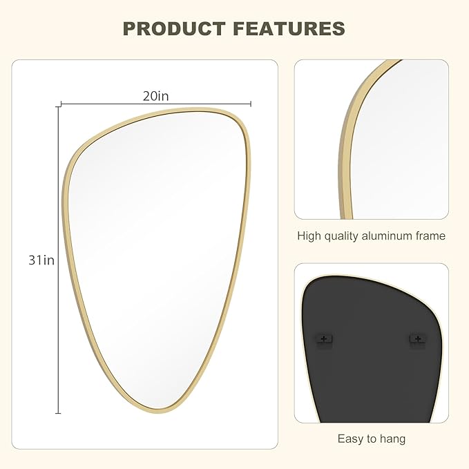 WallBeyond Asymmetrical Mirror, Irregular Wall Mirror, Wall Mirrors Decorative for Bedroom Living Room entryway Hall, Wall Mirror for mid Century Modern Decor 31" H x 20" W, Gold