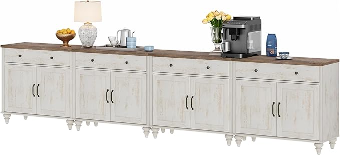 WAMPAT Buffet Cabinet with 8 Doors and 4 Drawers, Modern Coffee Bar Table Wood Kitchen Storage Cabinets, Farmhouse Sideboard Credenza for Dining Room, Rustic White, 134 inch