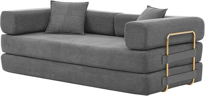 HANXIN Convertible Sleeper Sofa Bed, 78 Inch Folding Floor Mattress Couch with Fixed-Shape Frame, Futon Boneless Couch Lounge Loveseat with Pull Out Bed, No Assembly Required, Grey