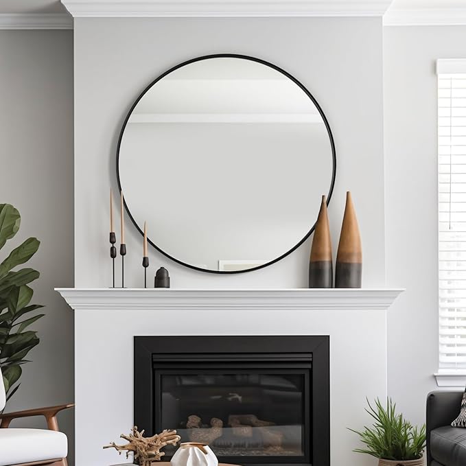 USHOWER Bathroom Mirrors for Over Sink, 42 Inch Circle Mirror with Metal Frame, Black Wall Mirror for Vanity, Entryway, Living Room, Hallway and Bedroom Decor