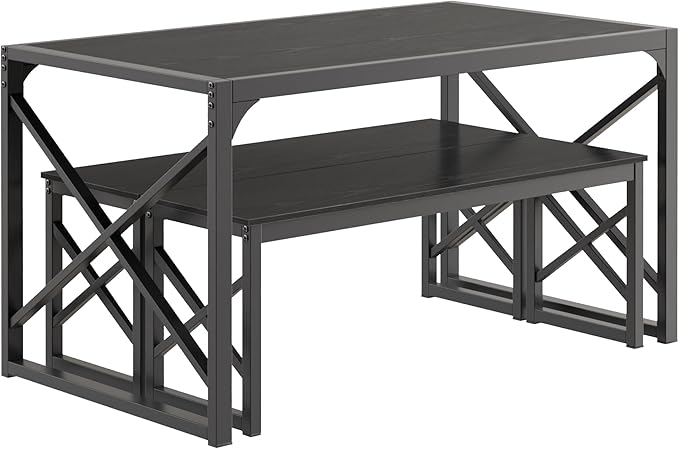 VECELO 55” Kitchen Dining Table Set for 4, Heavy-Duty Steel Frame & Wood-Grain Tabletop, Space-Saving Dinette Sets with 2 Benches for Breakfast Nook and Small Space, Black
