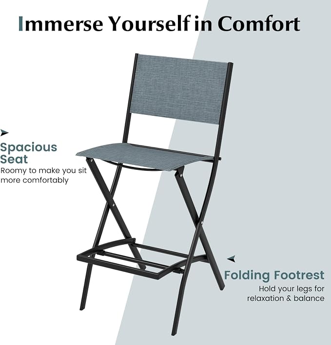 COSTWAY Outdoor Patio Bar Chair Set of 4, Folding Counter Height Stool with Metal Frame & Footrest, Patio Bar Stool for Balcony, Garden & Poolside (4, Blue)