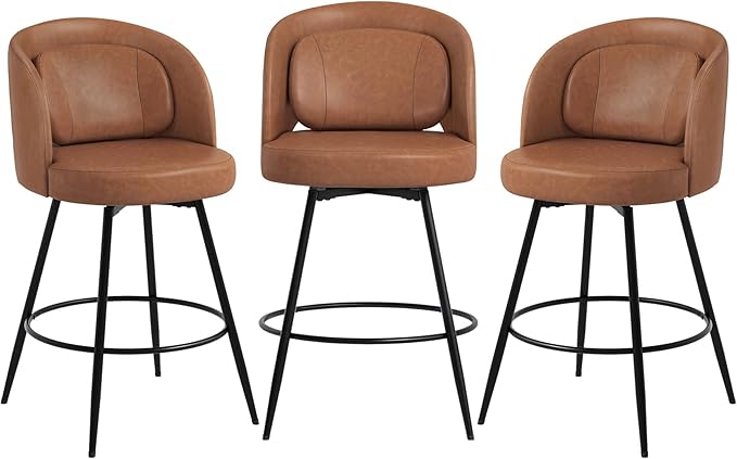 LUE BONA 26''H Swivel Bar Stools Set of 3, Counter Height Bar Stools with Backs, Lumbar Pillow and Black Metal Frames, Upholstered Modern Barstools for Kitchen Island, Faux Leather, Brown