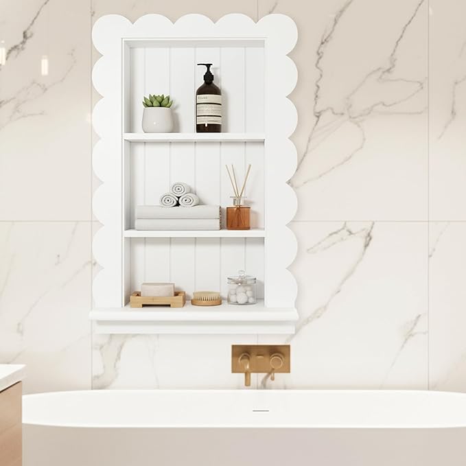 Royxen Bathroom Wall Cabinet with 3-Tier Shelves,Wooden Recessed Medicine Cabinet Over Toilet Storage Cabinet,Scalloped Large Medicine Cabinet Niche for Bathroom Storage Organizer,18 x 24 Inch, White