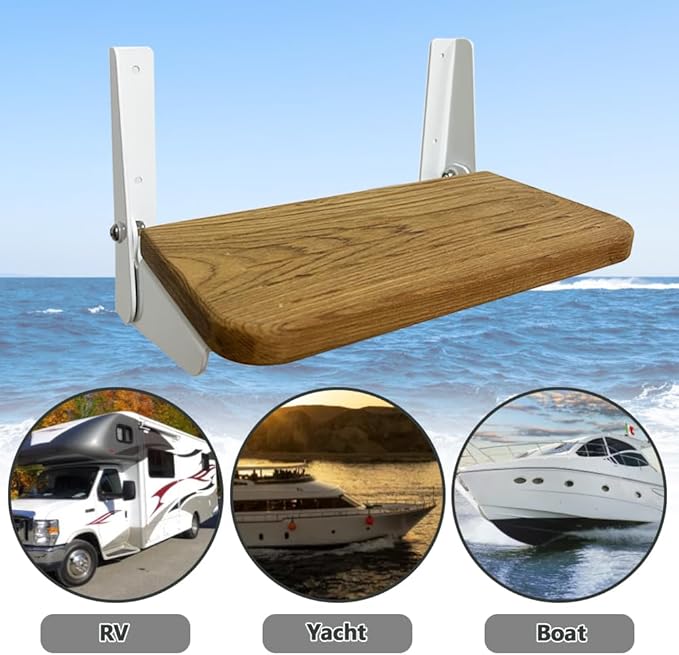 Boat Fold-Up Footrest, RV Wall Mounted Foldable Step with Teak and Aluminum Hardware for Boat Yacht RV Home, 12"L x 6"W
