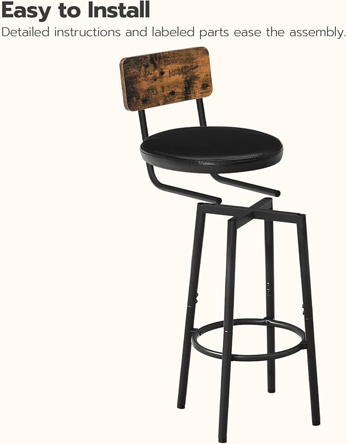HOOBRO Bar Stools, Bar Stools Set of 2 with PU Upholstered, Bar Chairs with Footrest and Back, 26" Bar Stools for Kitchen Island, Dining Room, Easy to Assemble, Rustic Brown and Black BF31BY01G2
