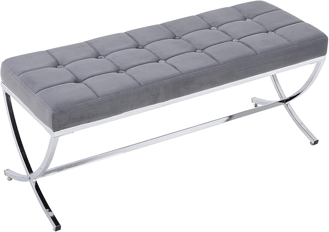 DUOMAY Modern Tufted Ottoman Bench, Velvet Upholstered Dining Bench, Button Tufted Footrest Stool Vanity Seat with with X Metal Legs, 45.75" W x 16.5" D x 19.25" H, Grey