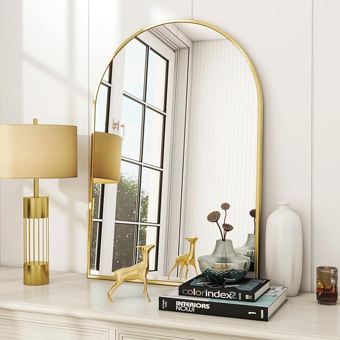 VooBang Arched Wall Mirror, 26 x 41 inch Arch Bathroom Mirror, Wall Mounted Vanity Mirror with Arch Metal Frame, Modern Bathroom Vanity Mirror for Bedroom, Living Room, Hanging or Leaning, Gold