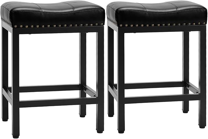 Sweetcrispy Bar Stools Set of 2, 24 Inch Counter Height Stools, PU Leather Upholstered Bar Chairs with Footrest, Modern Bar Stools for Kitchen Island, Dining, Living Room, Modern Black