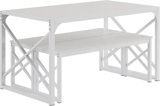 VECELO 55” Kitchen Dining Table Set for 4, Heavy-Duty Steel Frame & Wood-Grain Tabletop, Space-Saving Dinette Sets with 2 Benches for Breakfast Nook and Small Space, White
