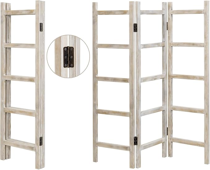 Blanket Ladder,59" H Wood Blanket Ladder for Living Room, Decorative Quilt dispaly Rack, Free Standing and Folding Towel Rack for Bathroom,Whitewashed.