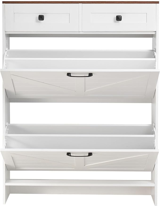 VEVOR Shoe Cabinet with 2 Flip Drawers, Farmhouse Shoes Storage Cabinet with 2 Drawers and Anti-Tipping Device, Freestanding Shoe Organizer Ideal for Entryway, Hallway, Bedroom, Living Room, White