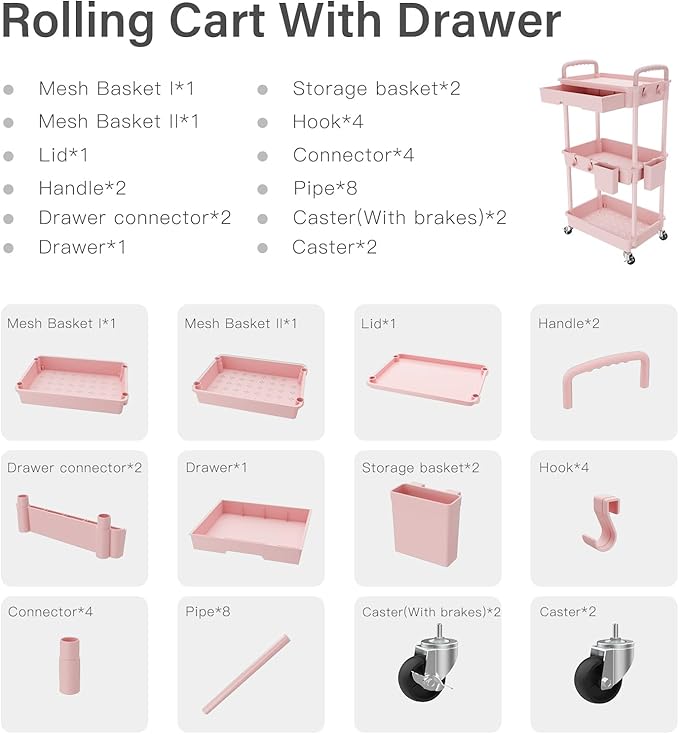 REBECAT 3 Tier Rolling Utility Cart with Drawer,Storage Cart,Rolling Cart for Kitchen,Bathroom,Living Room,Storage Organizer with Iron Wheels(Pink