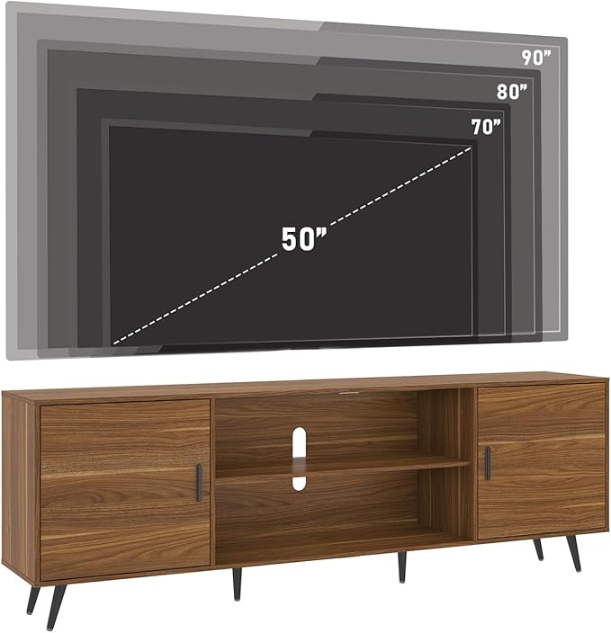 80 Inch Mid Century Modern TV Stand for 75 Inch TV, Wood TV Stand with Storage, Entertainment Center for Living Room Bedroom, TV Media Console, Walnut