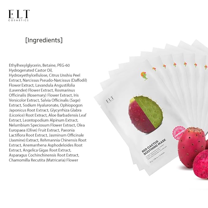 ELT Red Cactus Extract Sheet Mask 10 Pack (5,000 ppm) - Hydrating & Plumping Korean Face Mask with Hyaluronic Acid - Brightening & Anti-Aging Care, Vegan Korean Skincare (25g / 0.88 oz Each)