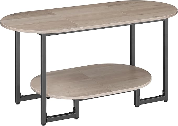 HOOBRO Coffee Table for Living Room, Oval Small Coffee Table with 2-Tier Open Storage Shelf, Industrial Cocktail Tea Table, Wooden Desktop Center Table, Farmhouse, Home Office, Greige BG09KF01