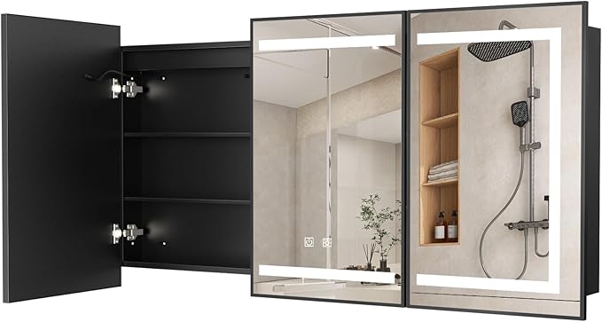 APRILSOUL 48x32 Inch Lighted Bathroom Medicine Cabinet with Mirror, Black Recessed or Surface Mount Medicine Cabinet Mirror with Storage and LED Lights, 3 Colors Temperature, Dimmable Light