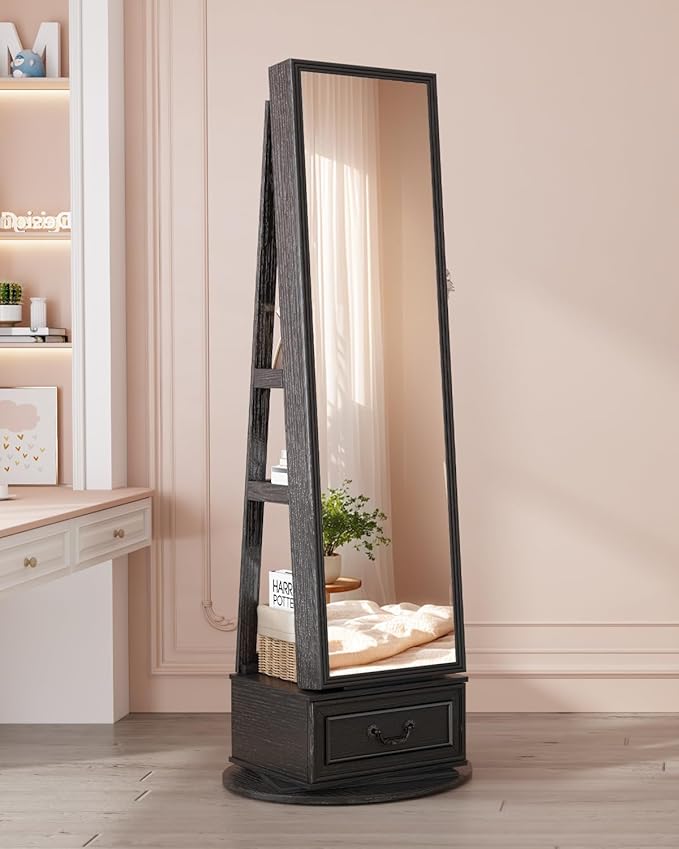 Vlsrka Mirror Jewelry Cabinet Standing, 360° Swivel Jewelry Armoire with Full Length Mirror, Lockable Mirror with Jewelry Storage, 3-Color LED Lights, Foldable Makeup Shelf, Black