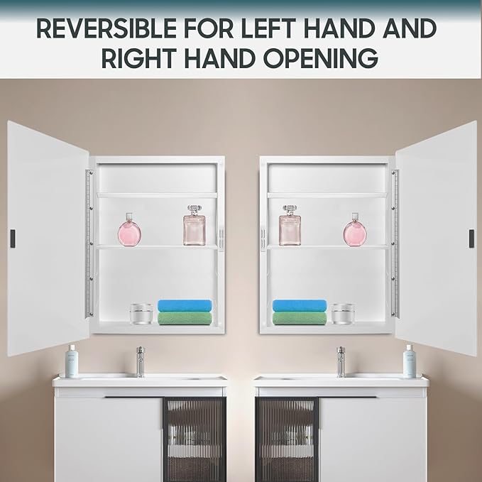 Plastic Bathroom Medicine Cabinet Mirror 16x28 inch, Recessed Medicine Cabinet or Surface Wall Mount Bathroom Cabinets with Adjustable Shelves, Beveled Edge Mirror Cabinet