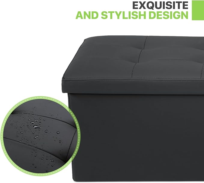 Magshion Folding Storage Ottoman Bench, 15 x 30 x 14.5 Inches PU Leather Ottoman Foot Rest, End of Bed Bench, 90L Storage Chest for Bedroom, Living Room, Entryway, Hallway, Black
