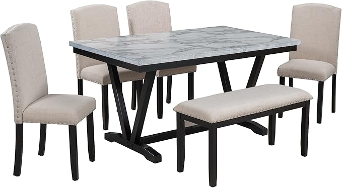 Harper & Bright Designs Modern Style 6-Piece Dining Table with 4 Chairs & 1 Bench, Table with Marbled Veneers Tabletop and V-Shaped Table Legs (White)