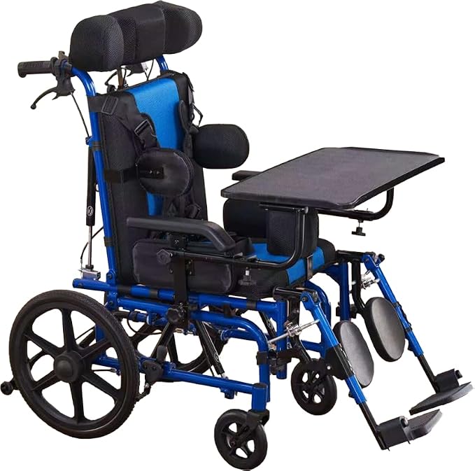 High Back Functional Wheelchair for Children and Teenagers with Cerebral Palsy 16 Inch Seat Width 180 Degree Recline Removable Dining Board Blue