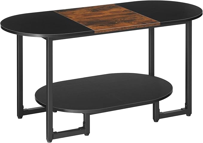 HOOBRO Coffee Table for Living Room, Oval Small Coffee Table with 2-Tier Open Storage Shelf, Industrial Cocktail Tea Table, Wooden Desktop Center Table, Home Office, Rustic Brown and Black BFK09KF01